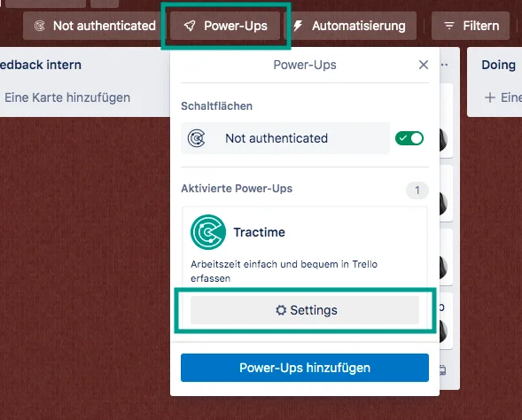 Trello Power-Ups Tractime Settings