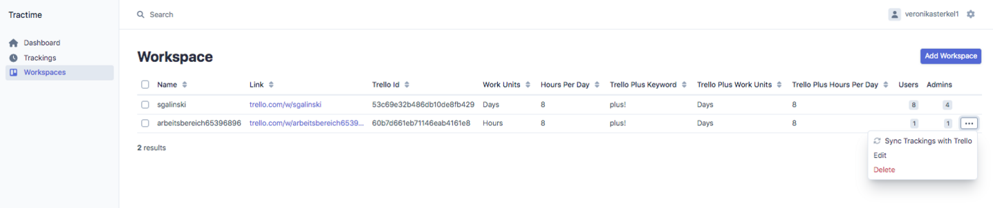 Tractime Zeiterfassung in Trello – Bereich Workspaces