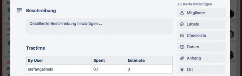 Tractime Zeiterfassung in Trello – Tracking Tabelle mit allen Trackings einer Karte