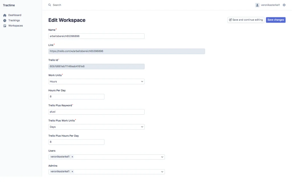 Tractime Zeiterfassung in Trello – Workspace bearbeiten
